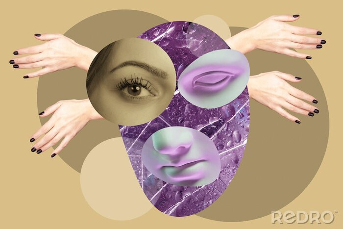 Poster Contemporary art concept collage with antique statue head in a surreal style. Modern unusual art.