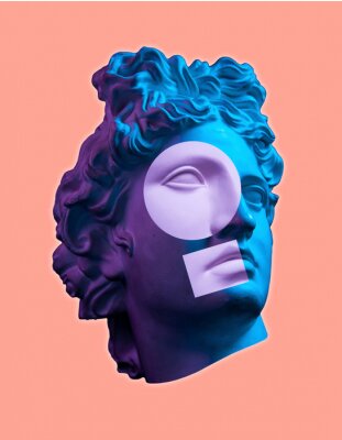 Sticker Contemporary art concept collage with antique statue head in a surreal style. Modern unusual art.