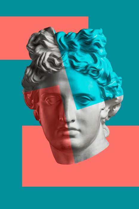 Poster Contemporary art concept collage with antique statue head in a surreal style. Modern unusual art.