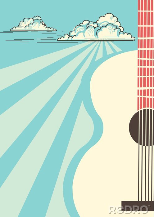 Poster Country muziekaffiche met muzikale instrumenten akoestische gitaar. Vector blauwe hemelachtergrond