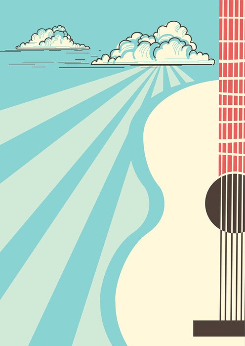 Poster Country muziekaffiche met muzikale instrumenten akoestische gitaar. Vector blauwe hemelachtergrond