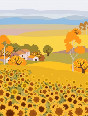 Poster Countryside farm with sunflower growing. Village houses on background. Yellow sunset sky. Autumn season. Flat cartoon vector