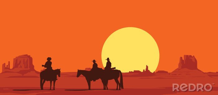 Poster Cowboys en de ondergaande zon