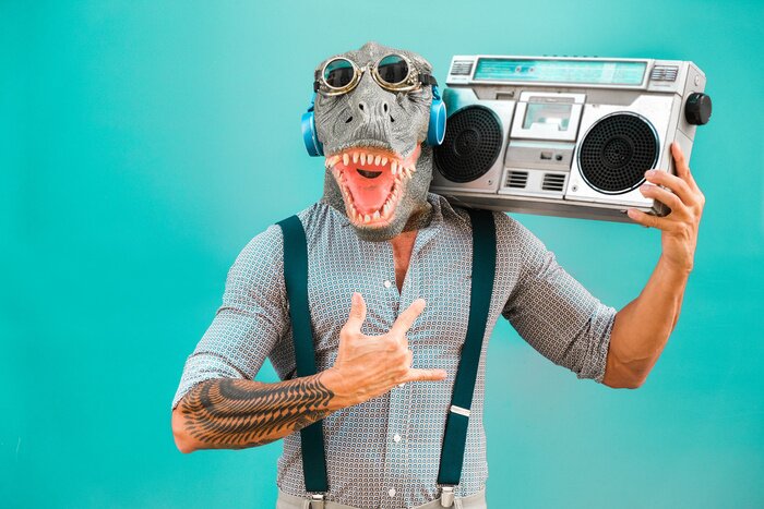 Poster Crazy senior man dancing rock music wearing t-rex mask