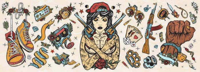 Poster Criminal street culture. Old school tattoo vector collection. Bad girl and crossed guns, handcuffs, audio cassette. Swag. Hip-hop lifestyle. Cool gangster tattooed woman in baseball cap. Crime favela