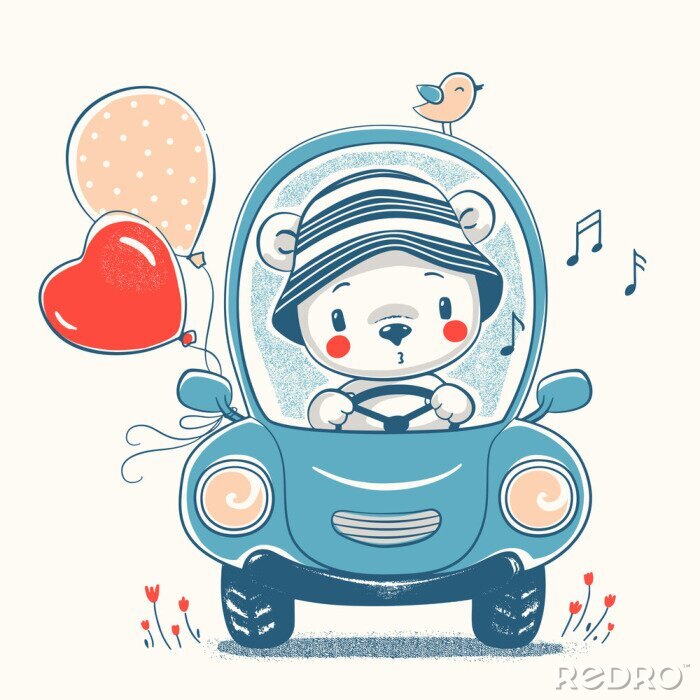 Poster Cute baby bear driving car cartoon hand drawn vector illustration. Can be used for baby t-shirt print, fashion print design, kids wear, baby shower celebration greeting and invitation card.