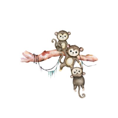 Poster Cute baby Hippo with monkey Hand drawn adorable watercolor african animals illustration on white background. Seamless pattern