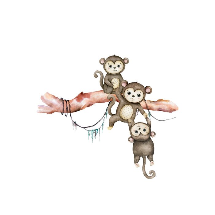 Poster Cute baby Hippo with monkey Hand drawn adorable watercolor african animals illustration on white background. Seamless pattern