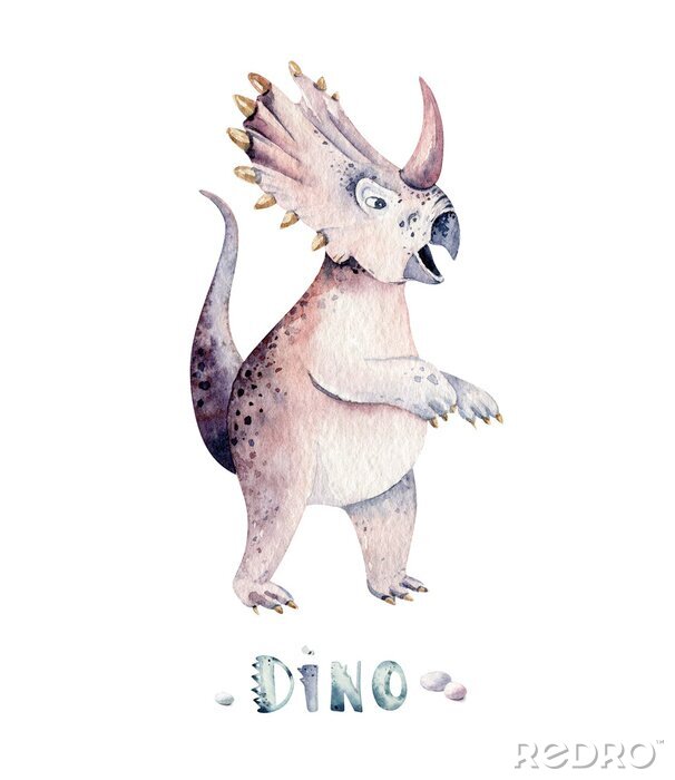Poster Cute cartoon baby dinosaurs collection watercolor illustration, hand painted dino isolated on a white background for nursery poster decoration. Rex children funny art