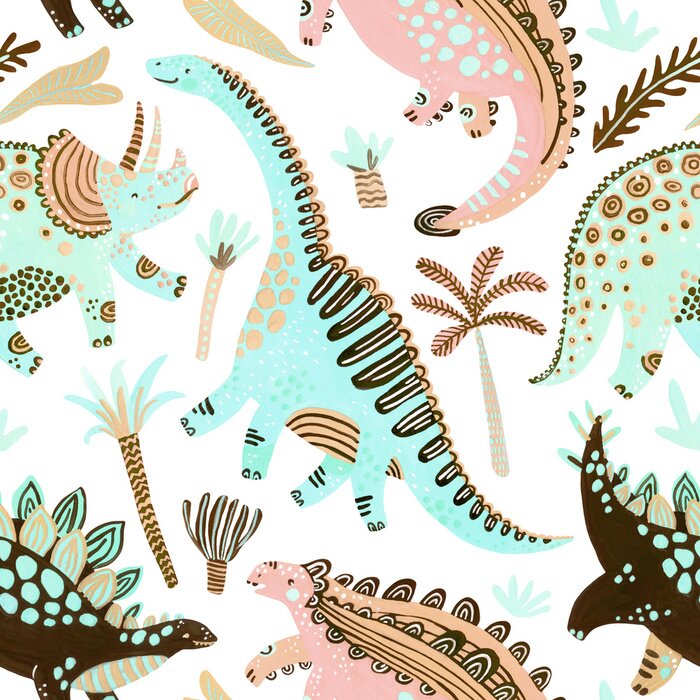 Poster Cute cartoon dinosaurs seamless pattern in scandinavian style