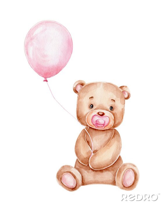 Poster Cute cartoon teddy bear and pink balloon; watercolor hand drawn illustration; with white isolated background