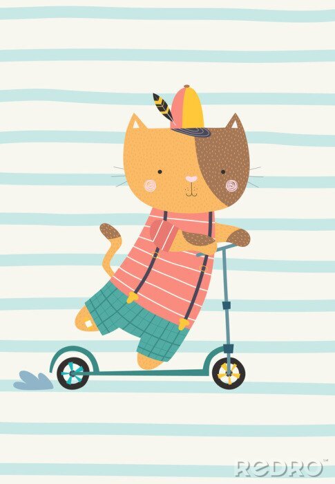 Poster Cute cat on a scooter. Vector illustration in a scandinavian style. Cute and funny poster.