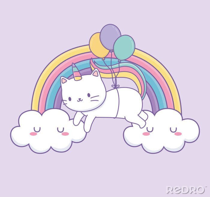 Poster cute cat with rainbow tail and balloons helium kawaii character