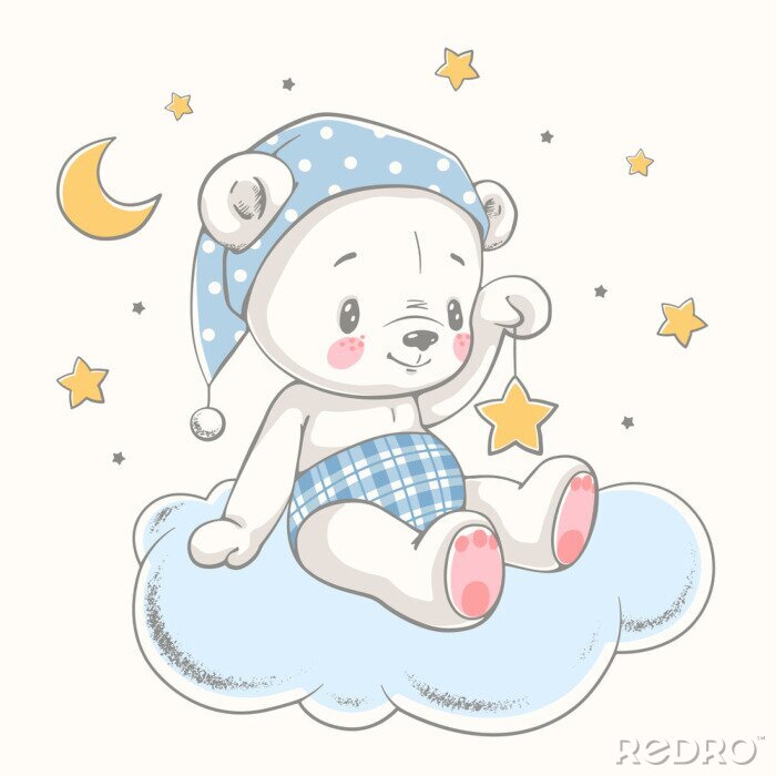 Poster Cute dreaming baby bear cartoon hand drawn vector illustration. Can be used for baby t-shirt print, fashion print design, kids wear, baby shower celebration greeting and invitation card.