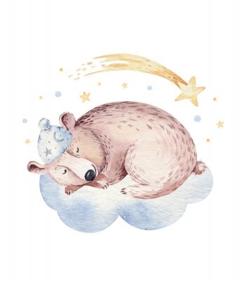  Cute dreaming cartoon animal hand drawn watercolor illustration. Sleeping charecher kids nursery wear fashion design, baby shower invitation card.