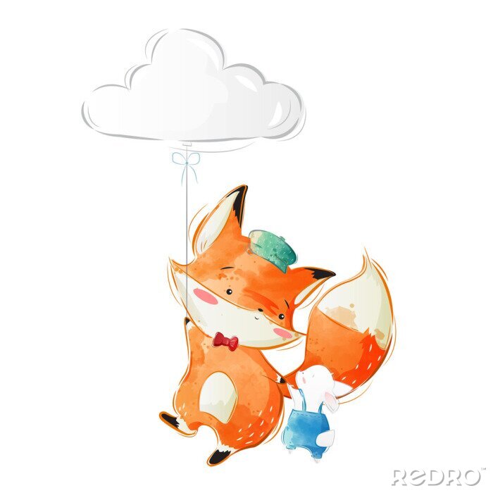 Poster Cute Fox and Bunny Flying to the Sky