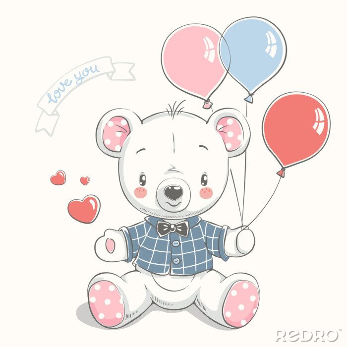 Poster Cute little bear with balloons cartoon hand drawn vector illustration. Can be used for baby t-shirt print, fashion print design, kids wear, baby shower celebration, greeting and invitation card.