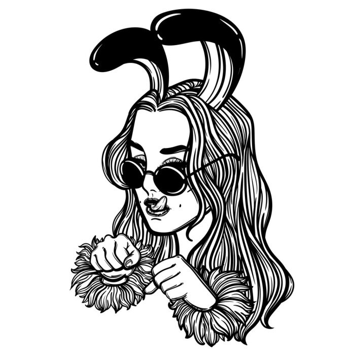 Poster cute vector art card with bunny girl. Fashion woman. Rabbit woman. linear tattoo print illustration.