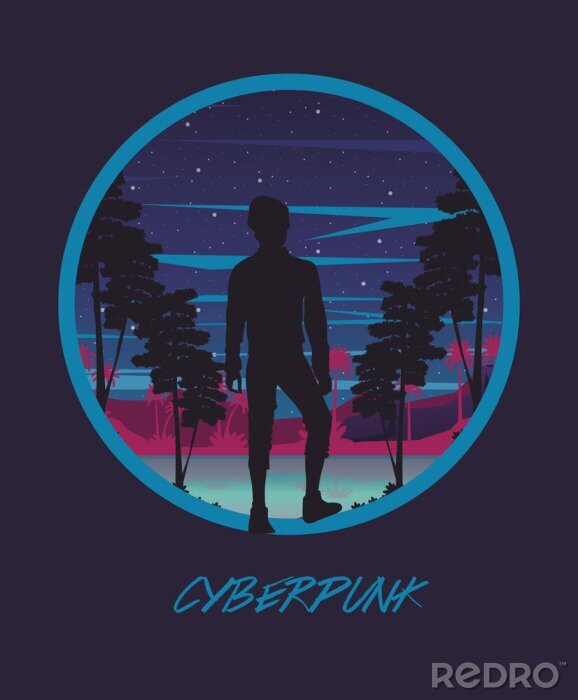 Poster cyber punk poster with man in landscape silhouette