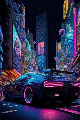 Poster Cyberpunk-auto in de nachtstad