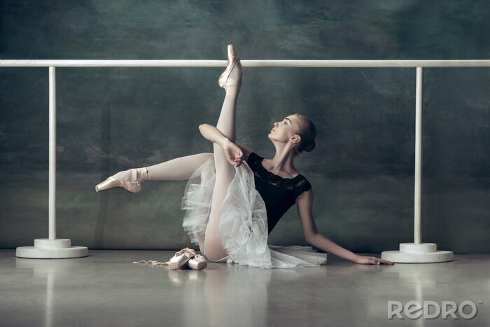 Poster Dansende balletballerina poseert tijdens de training