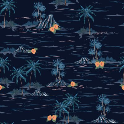 Dark summer night mood seamless island pattern  Landscape with palm trees,beach and ocean vector hand drawn style