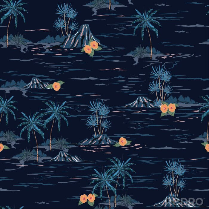Poster Dark summer night mood seamless island pattern  Landscape with palm trees,beach and ocean vector hand drawn style