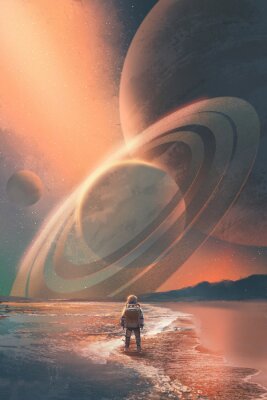 Poster de astronaut die zich op het strand te kijken naar de planeten aan de hemel, illustratie painting
