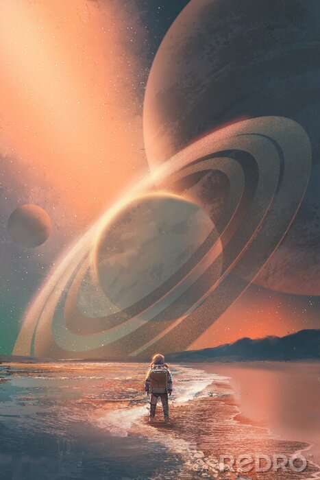 Poster de astronaut die zich op het strand te kijken naar de planeten aan de hemel, illustratie painting