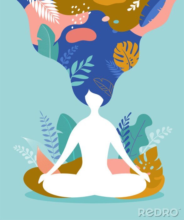 Poster De figuur van een mediterende vrouw tussen exotische bladeren