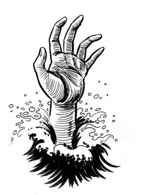 Poster De hand van een drenkeling in de zee