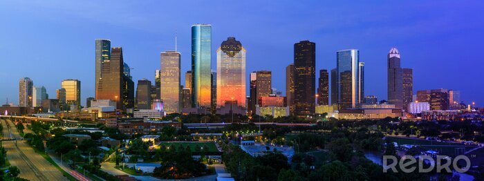 Poster De horizon van Houston bij zonsondergang