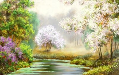 De lente, boom, rivier, schilderijen landschap