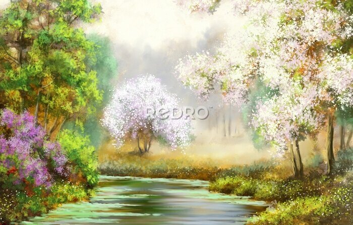 Poster De lente, boom, rivier, schilderijen landschap