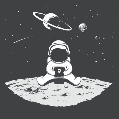 Poster De leuke astronaut zit op maan en het spelen op een smartphone. Ruimte vectorillustratie