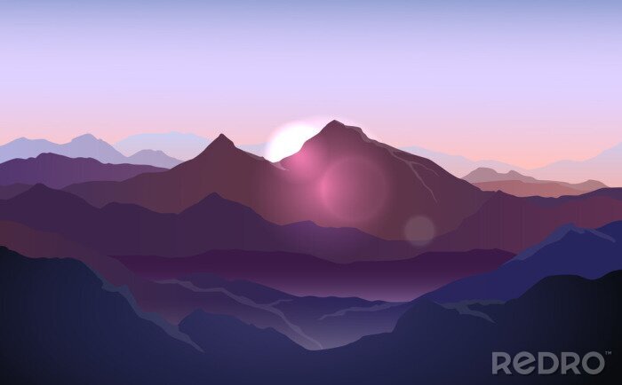 Poster De opkomende zon van achter de berg silhouetten