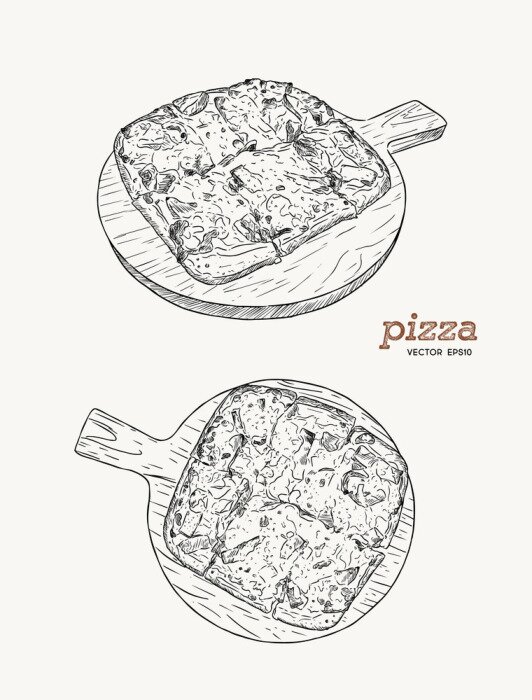 Poster De pizza op de houten raadshand trekt schetsvector.