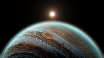 Poster De planeet van Jupiter in ruimte, sluit omhoog geschoten. Universum, de gigantische, prachtige planeet van het zonnestelsel met schaduw.