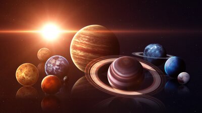 De planeten van het zonnestelsel tegen de achtergrond van de zon