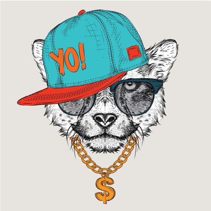 Poster De poster met de afbeelding hond portret in hip-hop hoed. Vector illustratie.