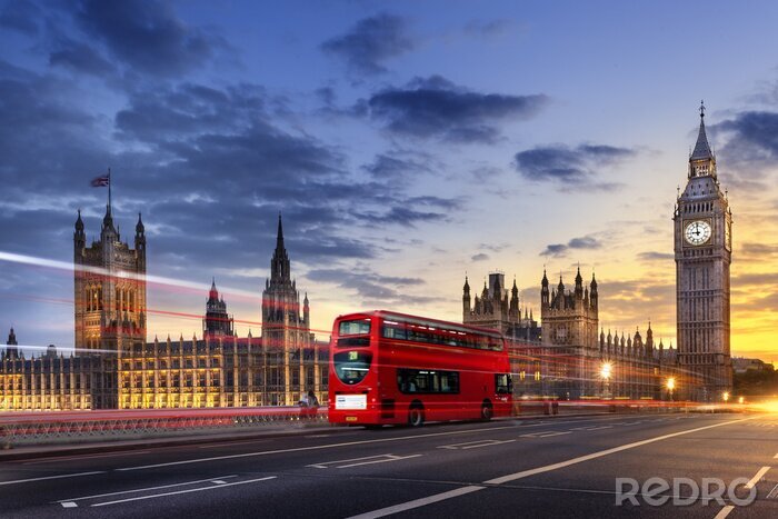 Poster De Rode Bus en de Houses of Parliament in Londen