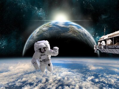 Poster De ruimte met een astronaut en zijn schip