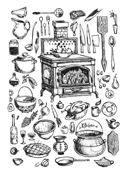 Poster De set van vintage keukengerei. Verzameling van oude keuken spullen. Inkt hand getrokken illustratie. Oude oven, borden, lepels, messen, potten, waterkokers, etc.