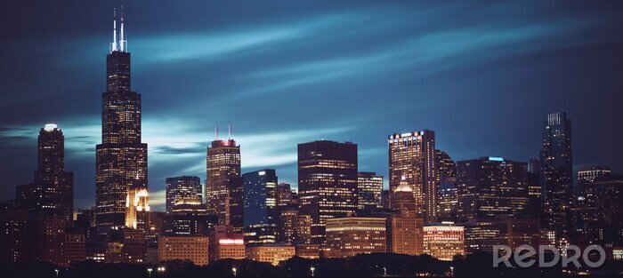 Poster De skyline van de stad Chicago 's nachts
