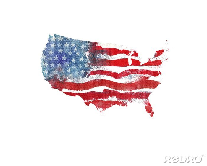 Poster De Verenigde Staten van Amerika. Waterverf textuur van Amerikaanse vlag. Verenigde Staten kaart.