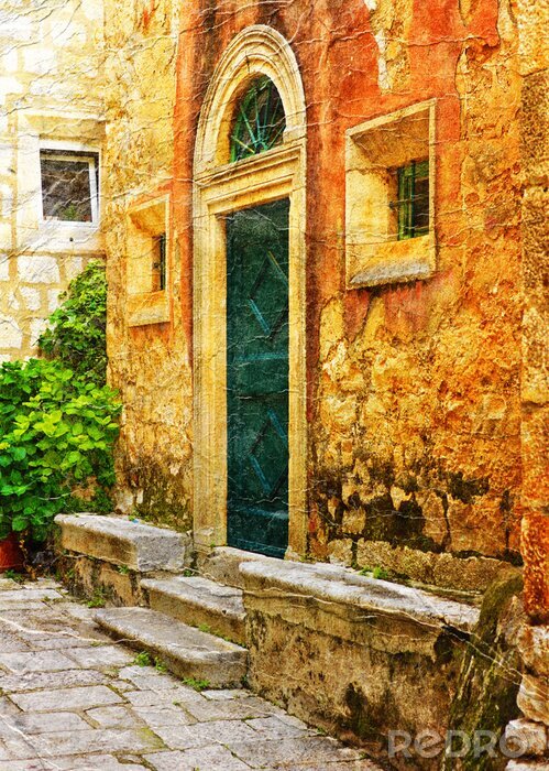 Poster de voorkant van het oude gebouw in Korcula