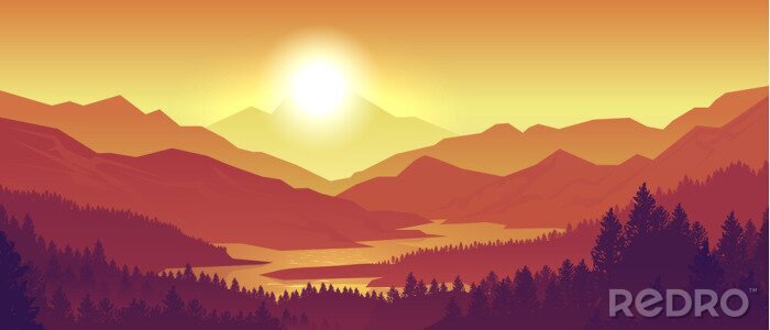 Poster De zonsondergang van de berg op computergrafiek