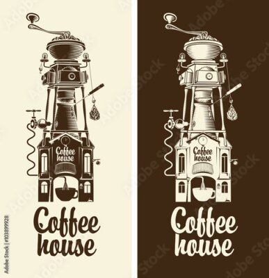 Poster Decoratief cafébord met een koffiemolenmotief.