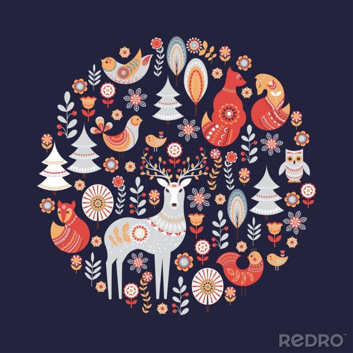 Poster Decoratief cirkelornament met dieren, vogels, bloemen en bomen.