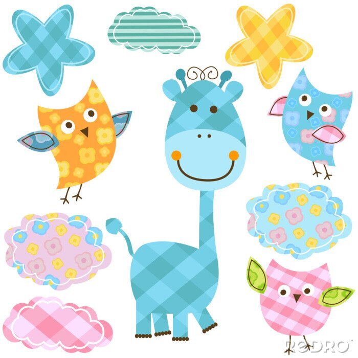 Poster Decoratieve gekleurde tekeningen van dieren en wolken